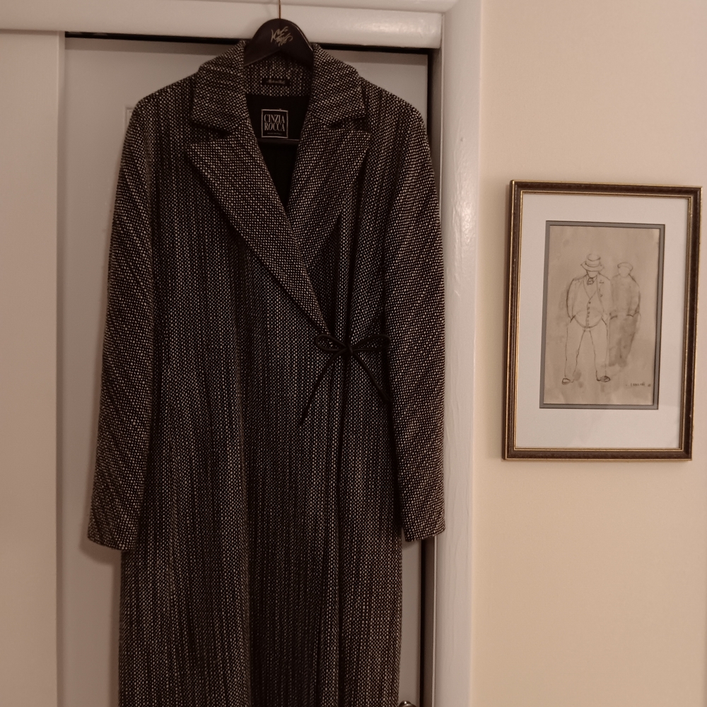 Cinzia Rocca Black and White Patterned Coat with Leather Tie Closure